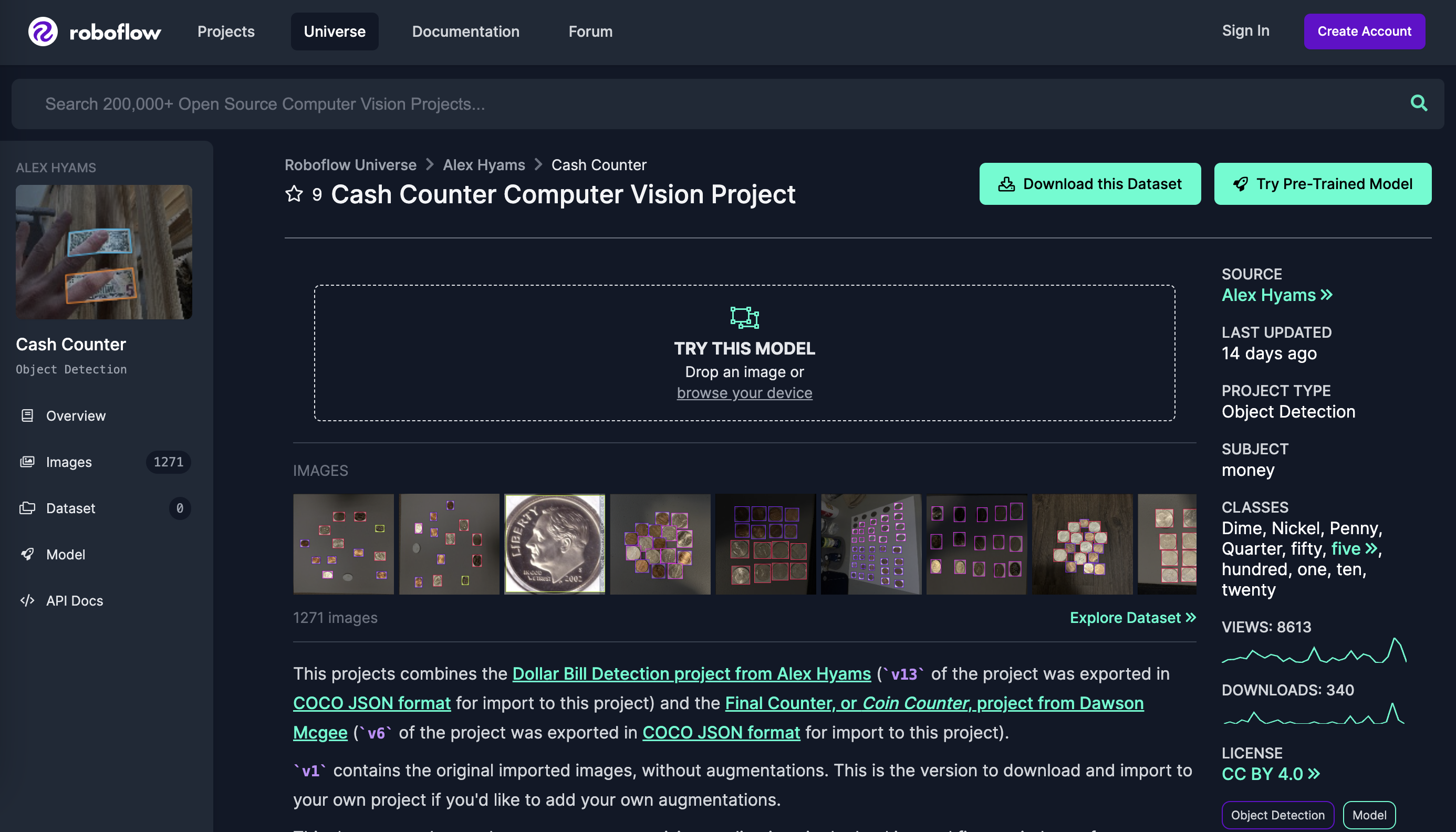 Cash counter dataset and model homepage on Roboflow Universe